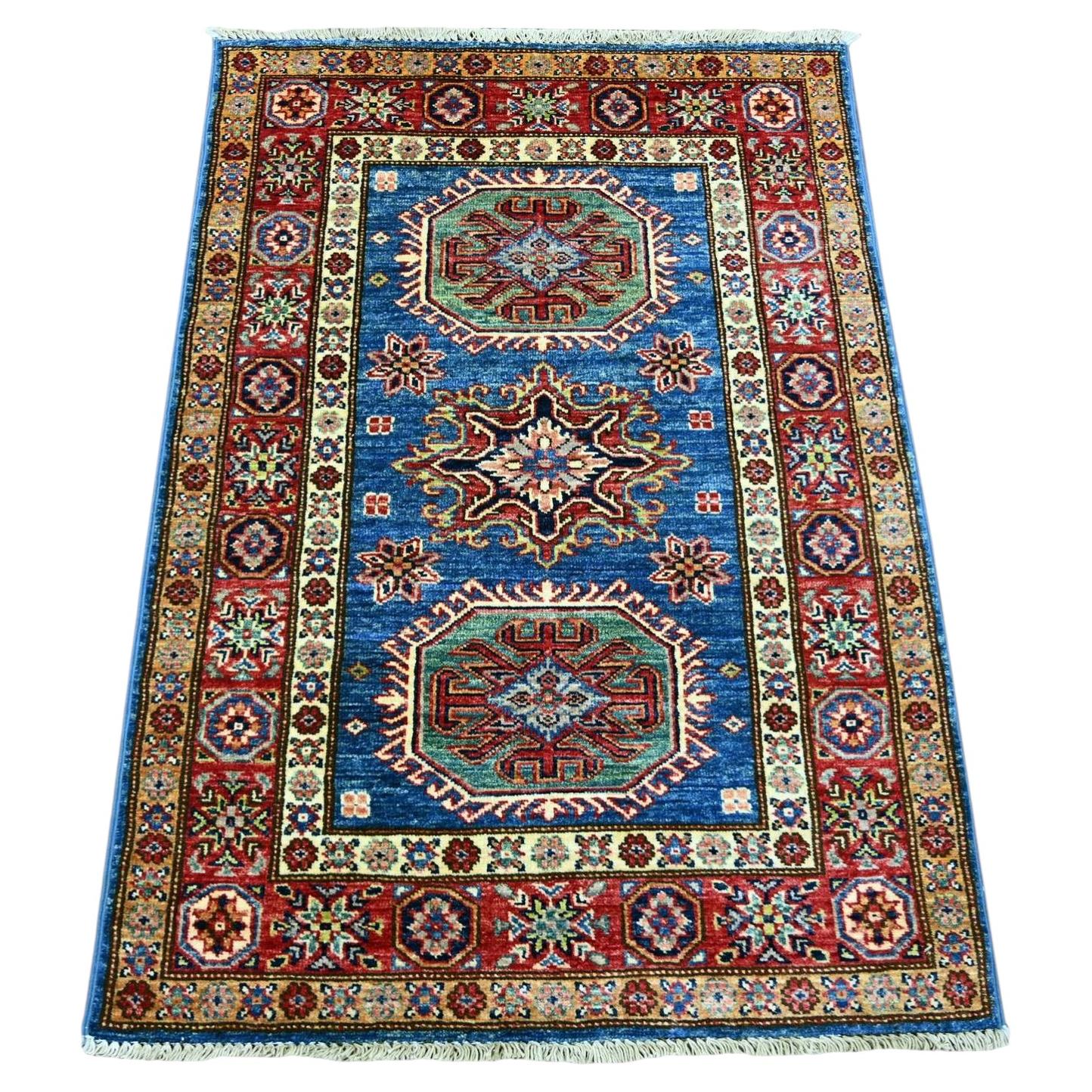 2'10"x4' Cerulean Blue Hand Knotted Afghan Super Kazak Wool Mat Sample Rug For Sale