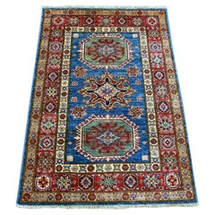 Tappeto campione in lana Super Kazak afgano annodato a mano blu ceruleo 2'10 "x4'