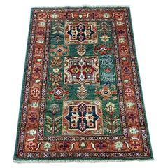 2'10"x4' Green Afghan Super Kazak Geometric Medallion Hand Knotted Wool Mat Rug