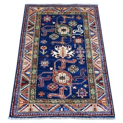 2'10"x4' Navy Blue Afghan Super Kazak Hand Knotted Pure Wool Oriental Rug