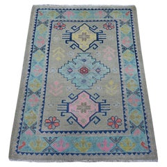 2'10"x4' Thunder Gray Colorful Hand Knotted Fusion Kazak Pure Wool Oriental Rug