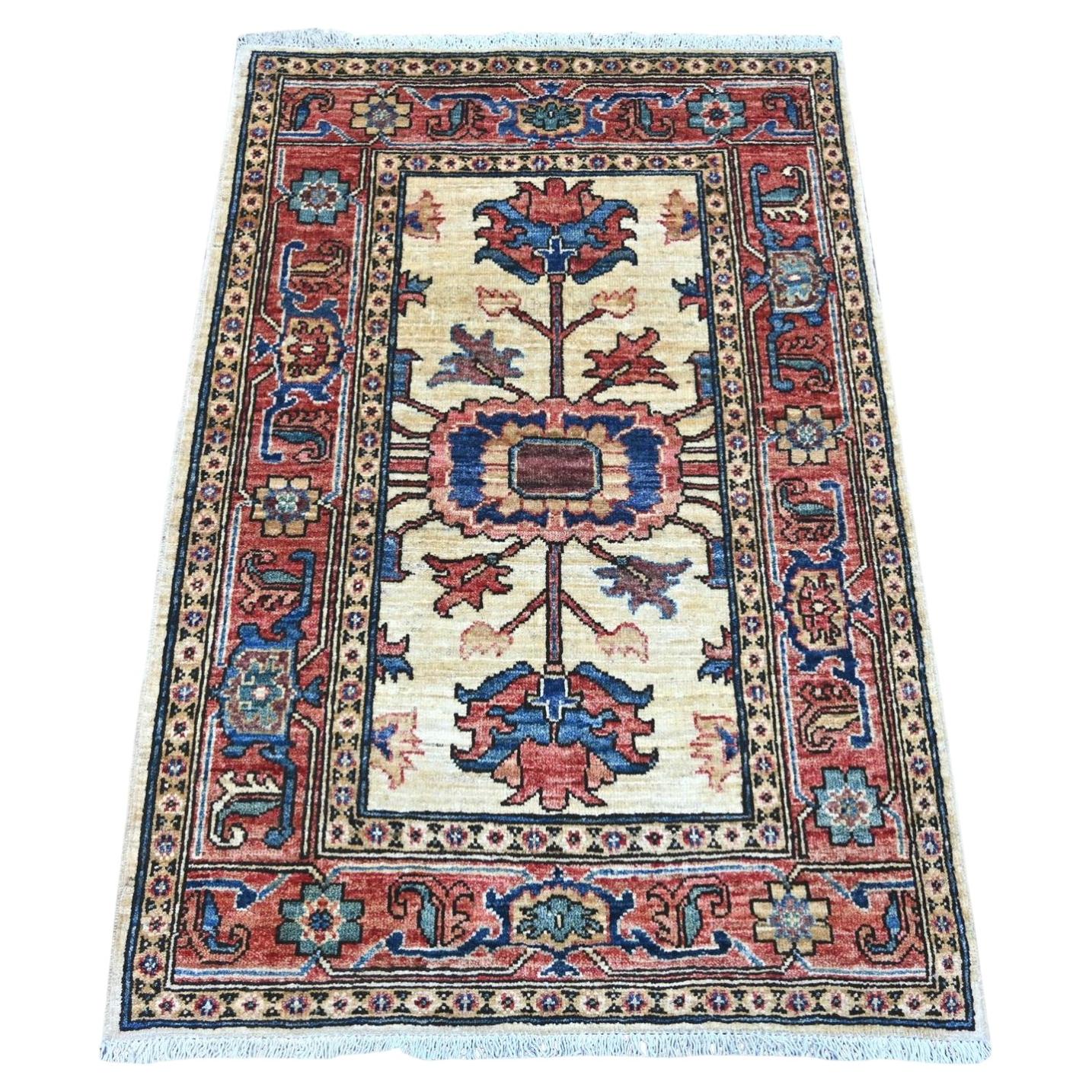 2'10"x4'1" Ivory Hand Knotted Heriz Design High Mountain Wool Hand Knotted Rug