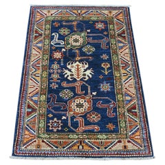 2'10"x4'1" Navy Blue Afghan Super Kazak Hand Knotted Pure Wool Oriental Rug