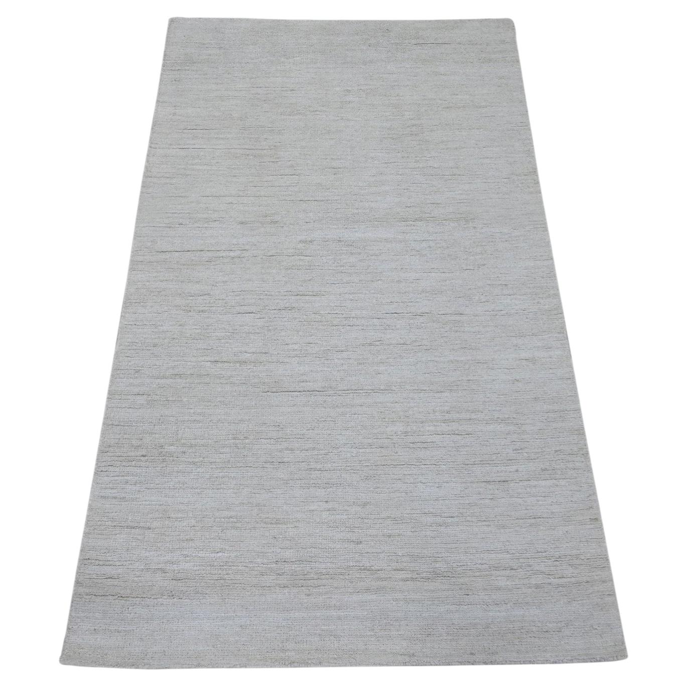 2'10"x4'10" Ivory Plain Solid Pattern Hand Knotted Hand Spun Ghazni Wool Rug