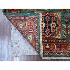 2'10"x4'2" Green Afghan Super Kazak Hand Knotted Wool Sample Mat Rug