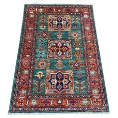 2'10"x4'2" Green Afghan Super Kazak Hand Knotted Wool Sample Mat Rug