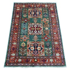 2'10"x4'2" Hunter Green Afghan Super Kazak Hand Knotted Wool Sample Mat Rug