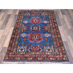 2'10"x4'6" Blue Afghan Ersari Caucasian Design Revival Hand Knotted Wool Rug