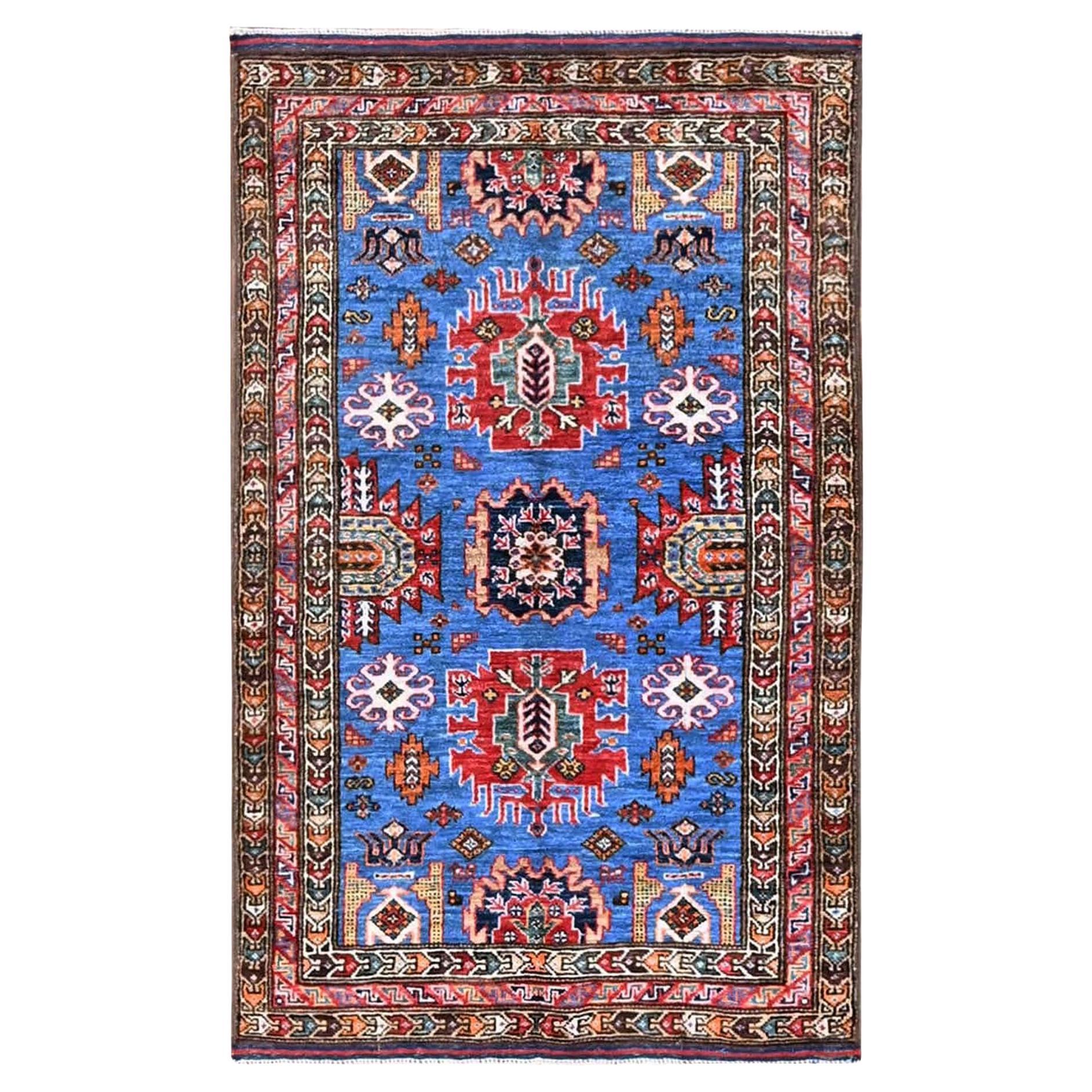 2'10"x4'6" Blauer handgeknüpfter afghanischer Ersari-Wollteppich im kaukasischen Design-Revival-Stil