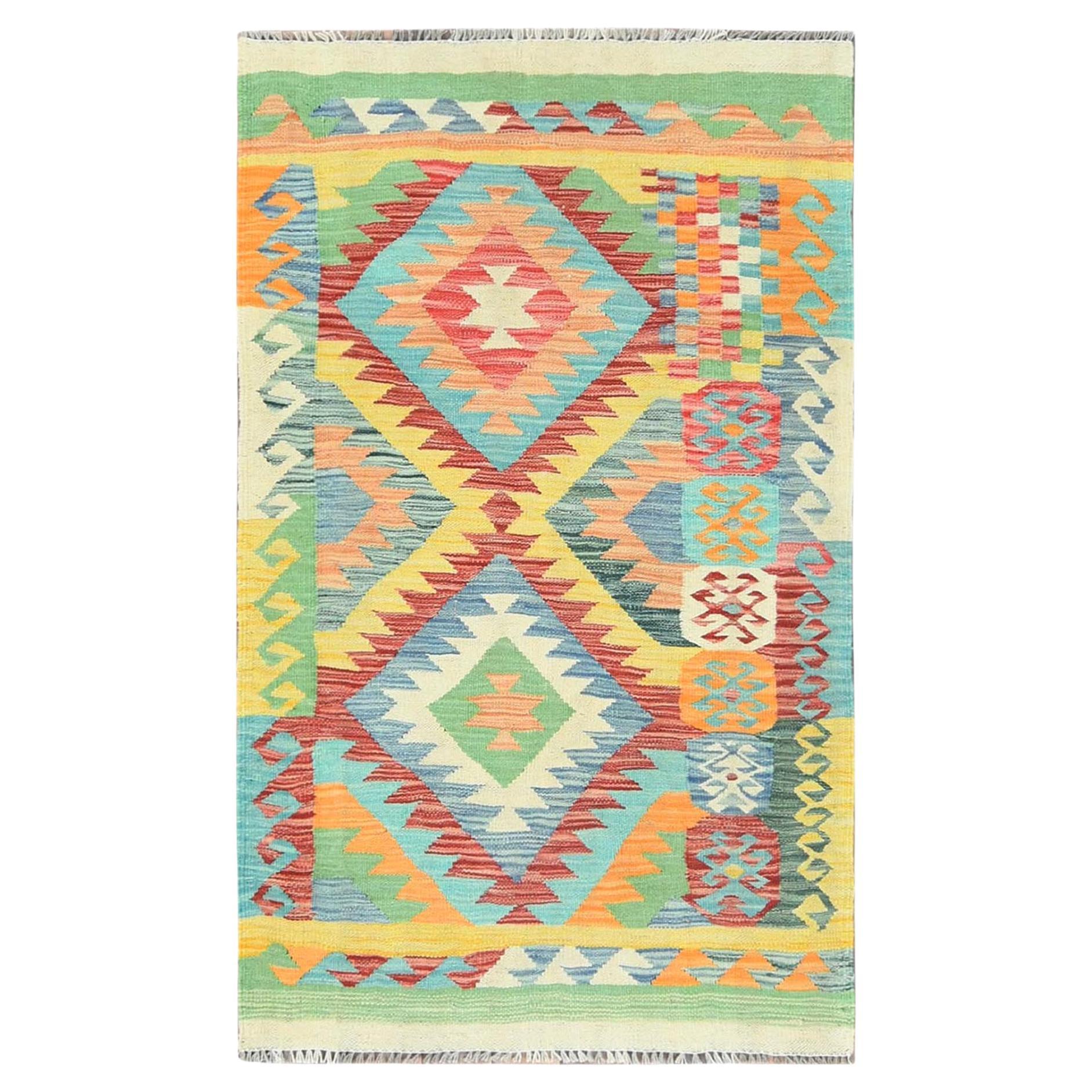 2'10"x4'8" Colorful, Organic Wool Hand Woven, Afghan Kilim Oriental Rug