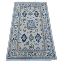 2'10"x4'8" Ivory Vintage Look Kazak with Geometric Motif Hand Knotted Wool Rug
