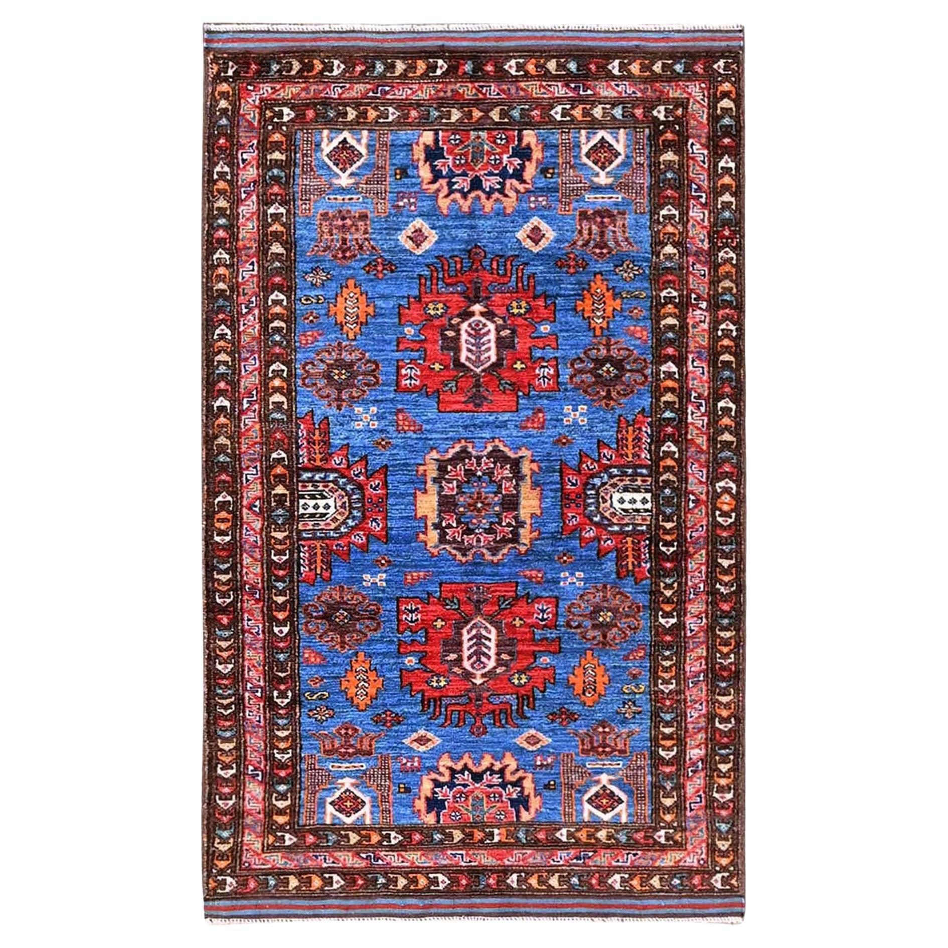 2'10 "x4'9" Blauer afghanischer Ersari Kaukasischer Design Revival Handgeknüpfter Wollteppich