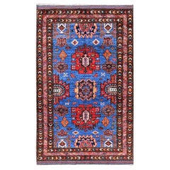 2'10 "x4'9" Blauer afghanischer Ersari Kaukasischer Design Revival Handgeknüpfter Wollteppich