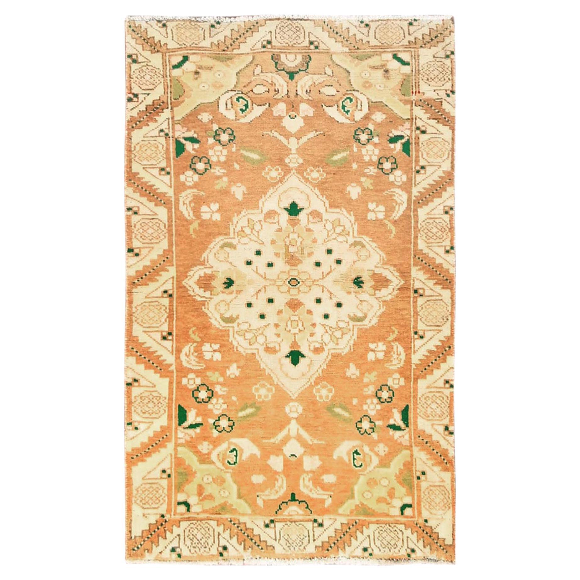 2
10"x4
9" Yellow Vintage Northwest Persian Flower Design Hand Knotted Wool Rug For Sale