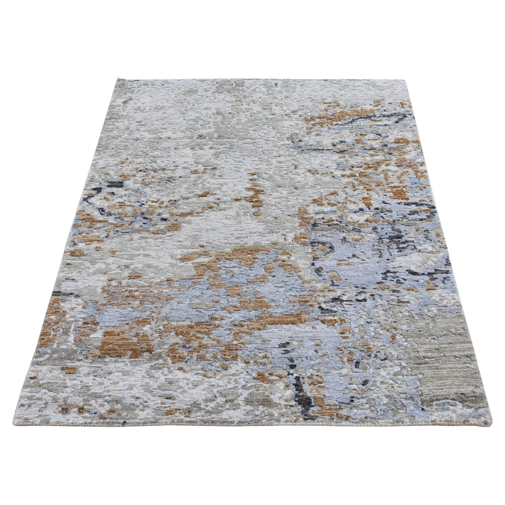 2'10"x5'1" Abstract Design Wool & Silk Hi-Low Pile Denser Weave Hand Knotted Rug