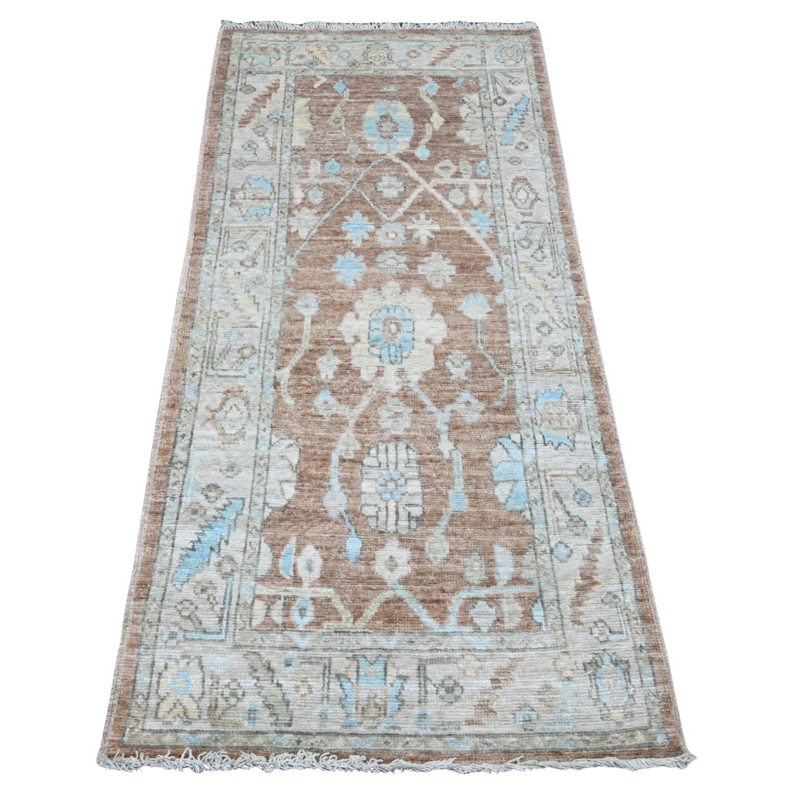 2'10"x5'10" Brown Afghan Angora Oushak Leaf Design Hand Knotted Wool Runner Rug