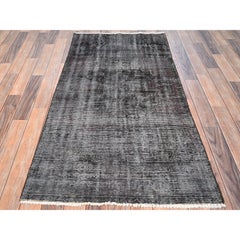 2'10"x5'7" Black Worn Out Overdyed Vintage Persian Tabriz Hand Knotted Wool Rug