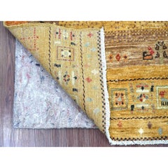 2'10"x5'8" Yellow Kashkuli Gabbeh Animal Figurines Hand Knotted Wool Runner Rug