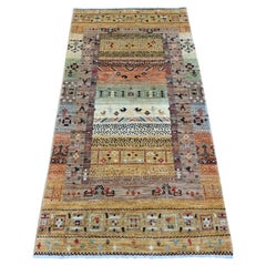 2'10"x5'8" Yellow Kashkuli Gabbeh Animal Figurines Hand Knotted Wool Runner Rug
