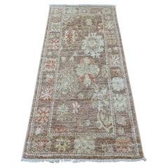 2'10"x6' Brown Afghan Angora Oushak Leaf Design Hand Knotted Wool Runner Rug