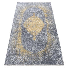 2'10"x6' Nickel Gray, Broken Persian Wool and Silk, Hand Knotted Runner Rug