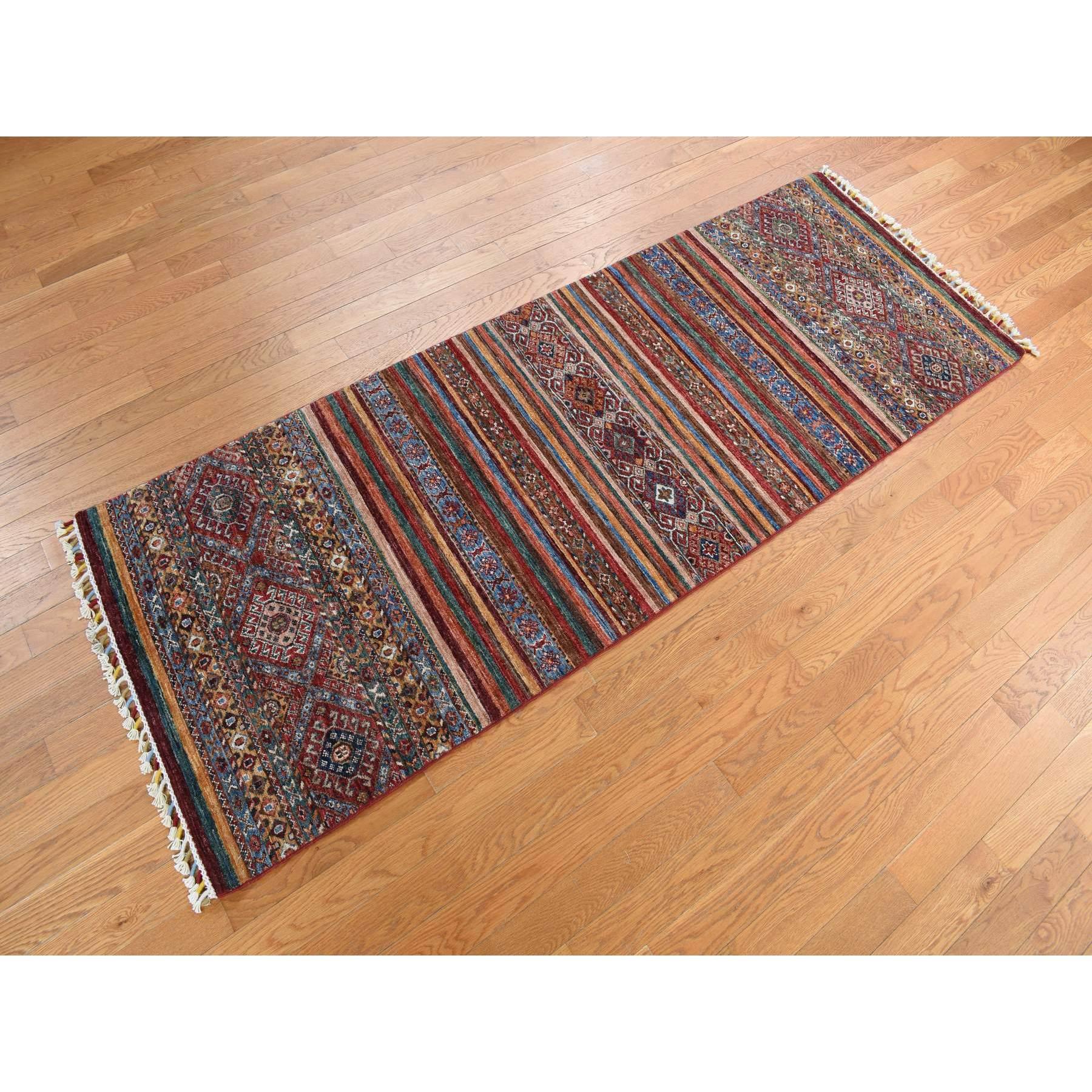 Barn Red, Hand Knotted, Pure and Soft Wool, Super Kazak Khorjin Design, Runner, Oriental Rug
Primary materials: Wool
Latex: No Pile 
height: 0.25 Inches
Style: Traditional
Primary color: Red
Secondary colors: Blue, Brown, Orange, Ivory
Pattern:
