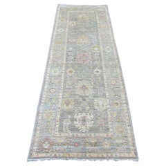 2'10"x7'10" Gray Afghan Angora Oushak Leaf Design Hand Knotted Wool Runner Rug