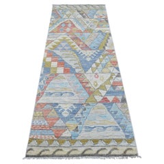 2'10 "x7'7" Alfombra de Lana Gris Anudada a Mano de Diseño Inspirado en los Pueblos de Anatolia