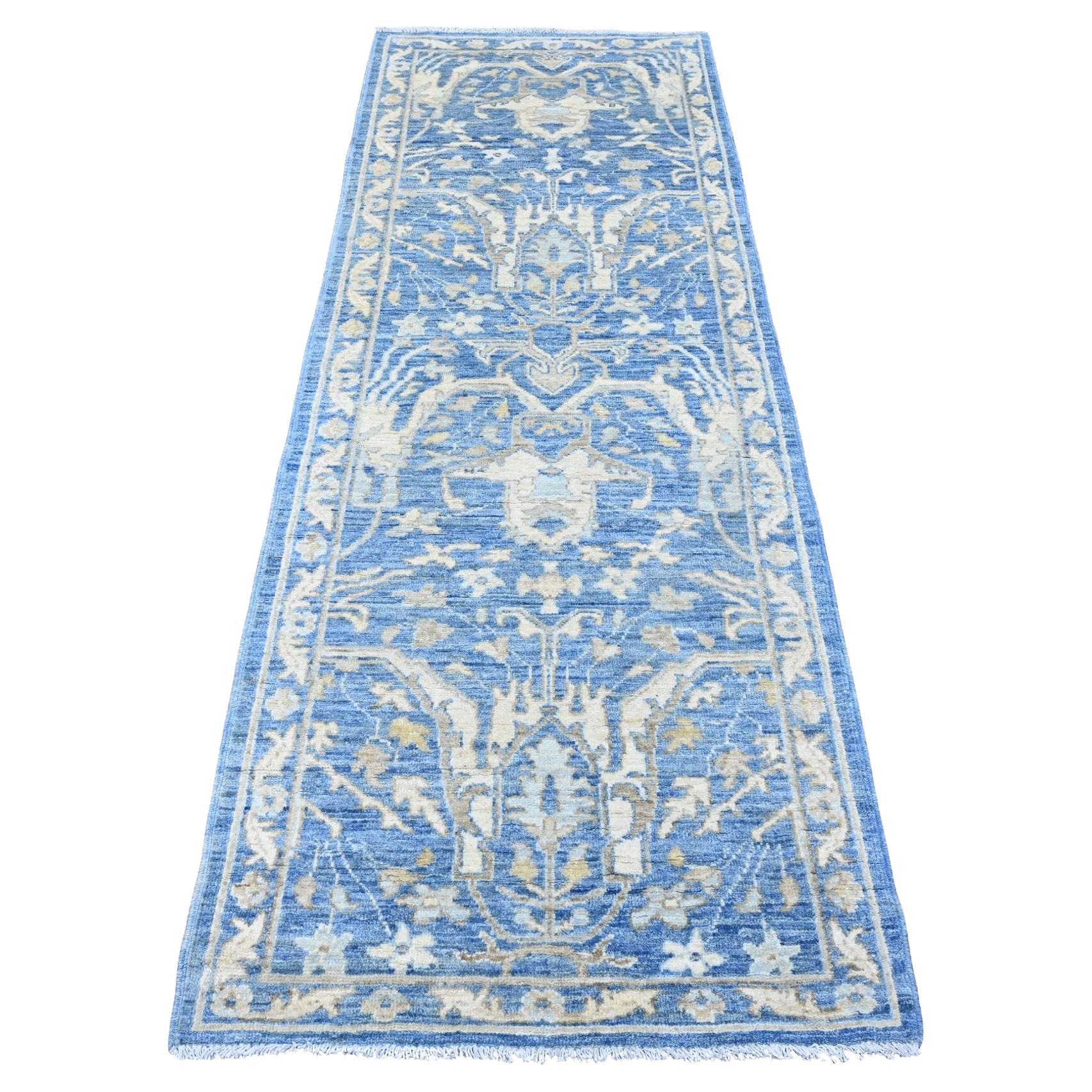 2'10 "x7'9" Tapis de course en laine bleu délavé Peshawar Leaf Design/One, noué à la main