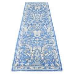 2'10"x7'9" Blue Washed Out Peshawar Leaf Design Hand Knotted All Wool Runner Rug