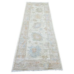 2'10"x8' Ivory Hand Knotted Angora Oushak Leaf Design Wool Runner Oriental Rug