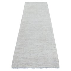 2'10"x8' Ivory Plain Solid Pattern Hand Knotted Ghazni Wool Oriental Runner Rug