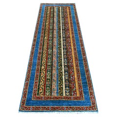 2'10"x8'1" Cerulean Blue Afghan Super Kazak Shawl Design Hand Knotted Wool Rug
