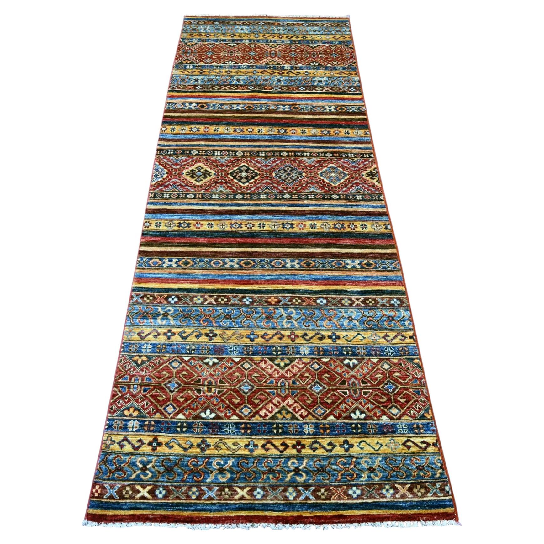 2'10"x8'1" Colorful Afghan Super Kazak Khorjin Design Hand Knotted Wool Rug