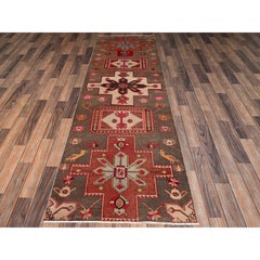 2'10"x8'10" Brown Hand Knotted Zero Pile Vintage Persian Heriz Wool Runner Rug