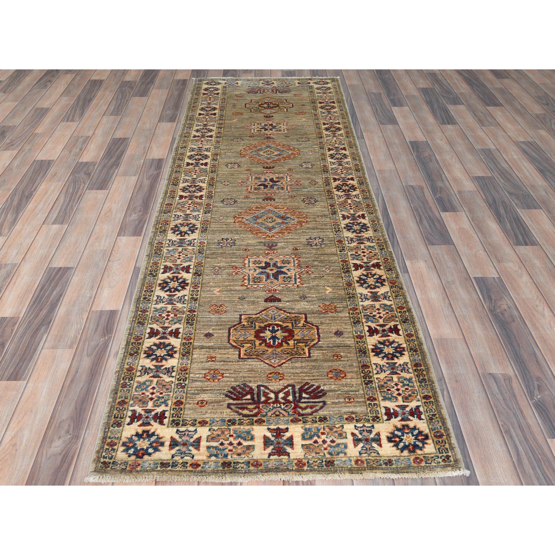Ecru Color, 100% Wool Hand Knotted, Afghan Super Kazak, Natural Dyes Densely Woven, Runner Oriental Rug
Primary materials: Wool
Latex: No Pile 
height: 0.25 Inches
Style: Traditional
Primary color: Brown
Secondary colors: Yellow, Brown, Red,