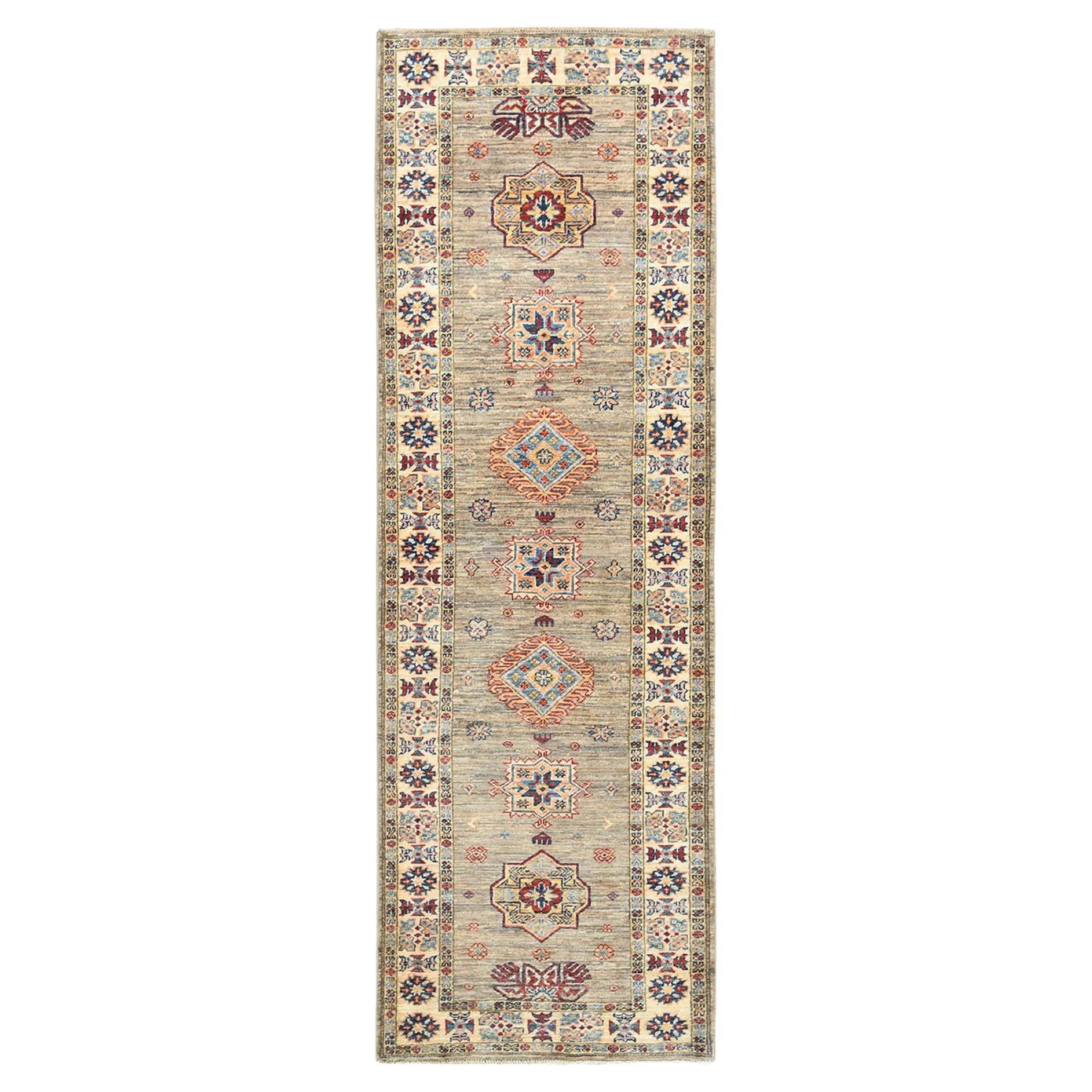 2'10"x8'3" Ecru Color, 100% Wool Hand Knotted, Afghan Super Kazak, Runner Rug For Sale
