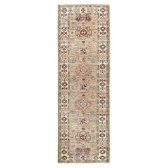 2'10"x8'3" Ecru Color, 100% Wool Hand Knotted, Afghan Super Kazak, Runner Rug