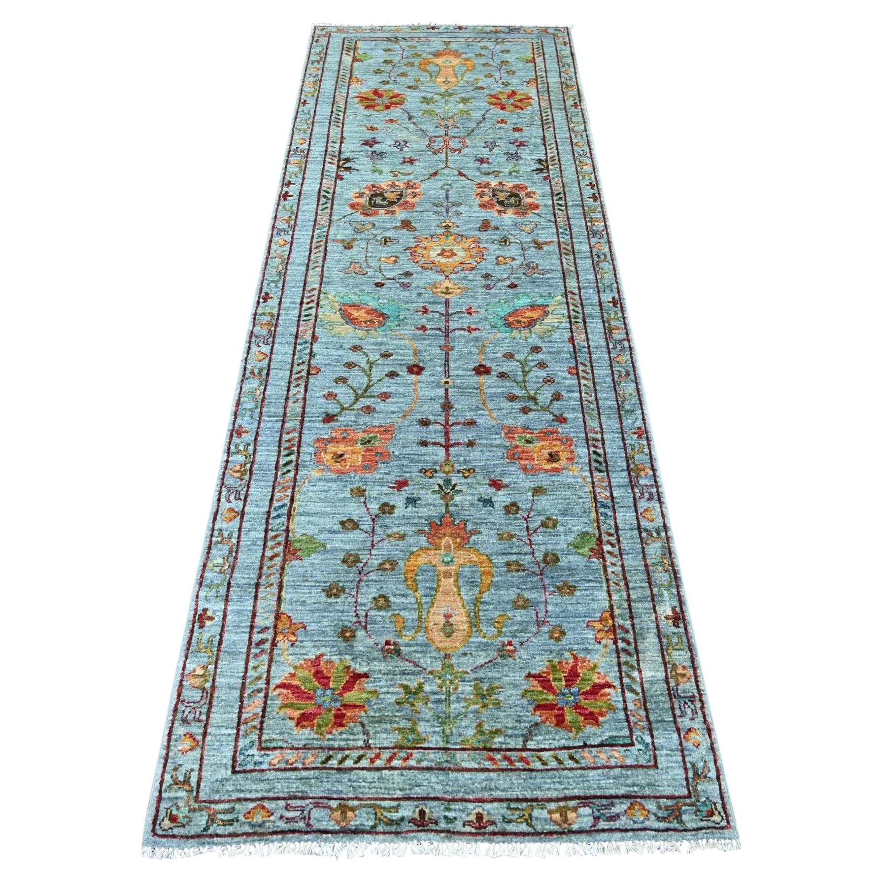 2'10"x8'5" Light Blue Fine Afghan Sultani with All Over Design Wool Runner Rug