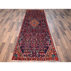 2'10"x8'6" Navy Blue Vintage Persian Hamadan Wool Hand Knotted Runner Rug