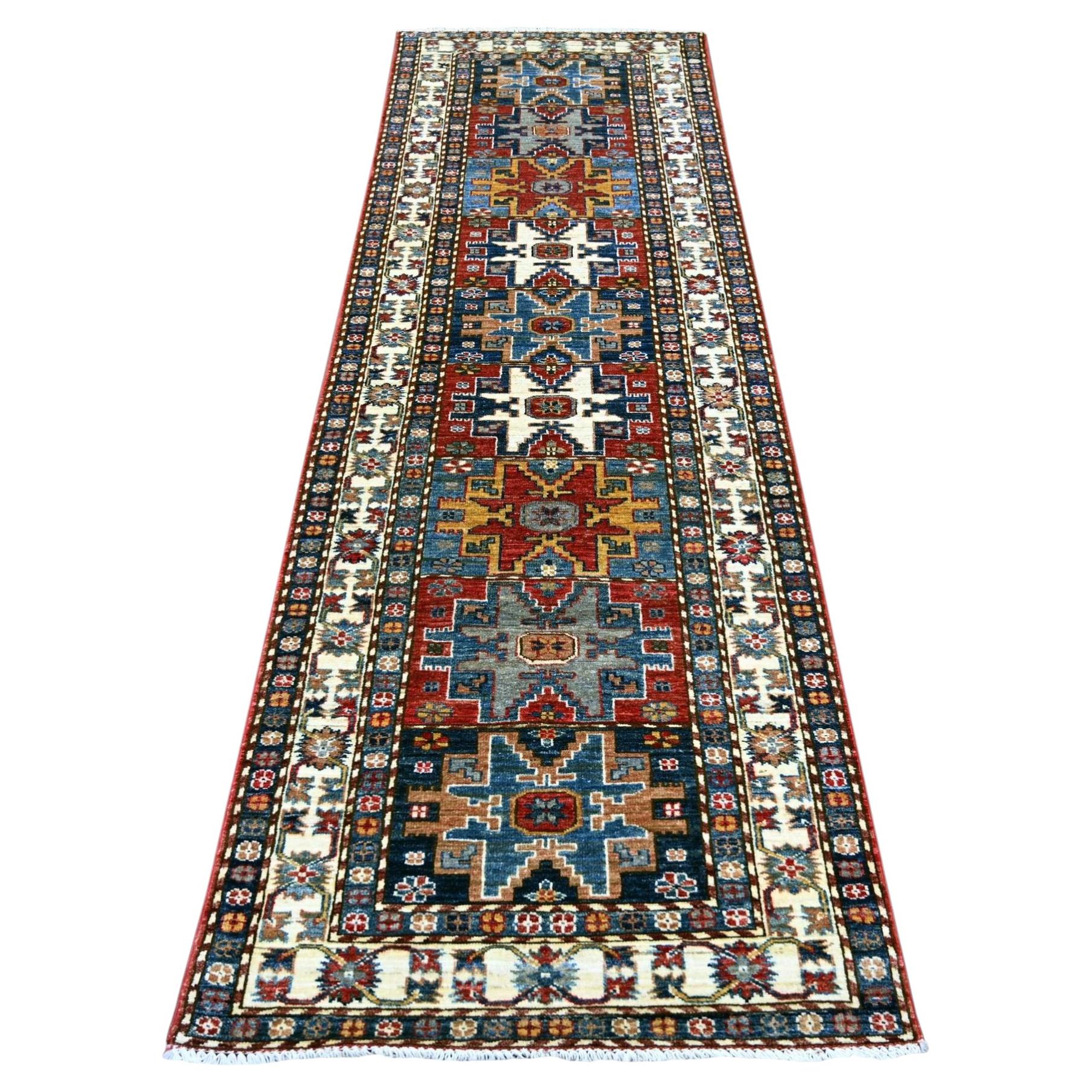2'10"x9' Colorful Afghan Super Kazak Hand Knotted Pure Wool Runner Rug