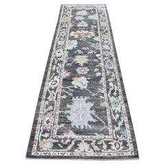 2'10 "x9'10" Charcoal Black Angora Oushak With Large Motifs Tapis de course en laine douce