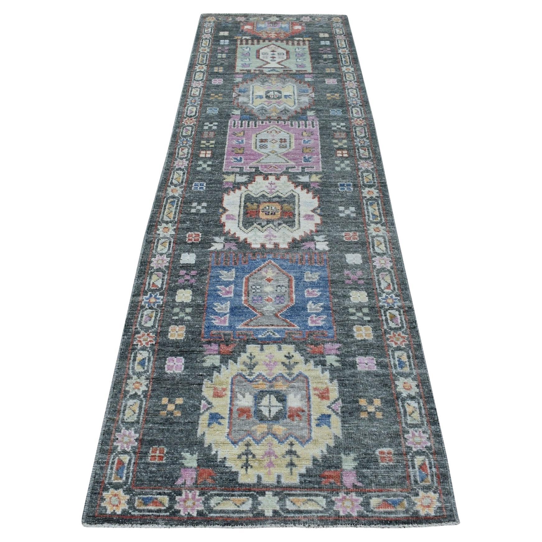 2'10"x9'10" Hand Knotted Dark Gray With Anatolian Design Pure Wool Oriental Rug