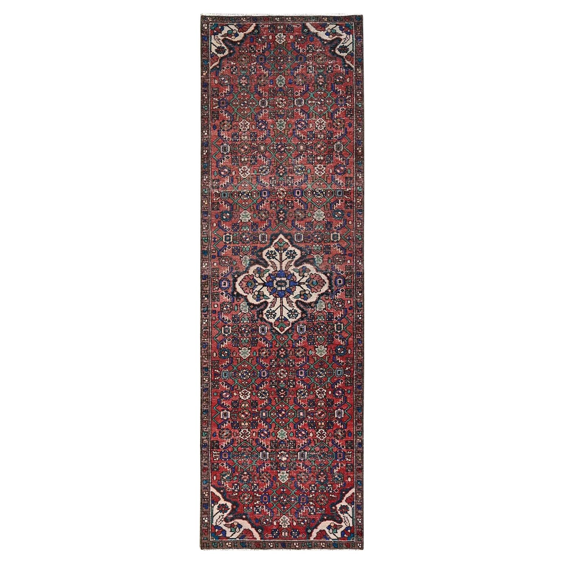 2
10"x9
3" Red Vintage Persian Hussainabad Hand Knotted Pure Wool Runner Rug