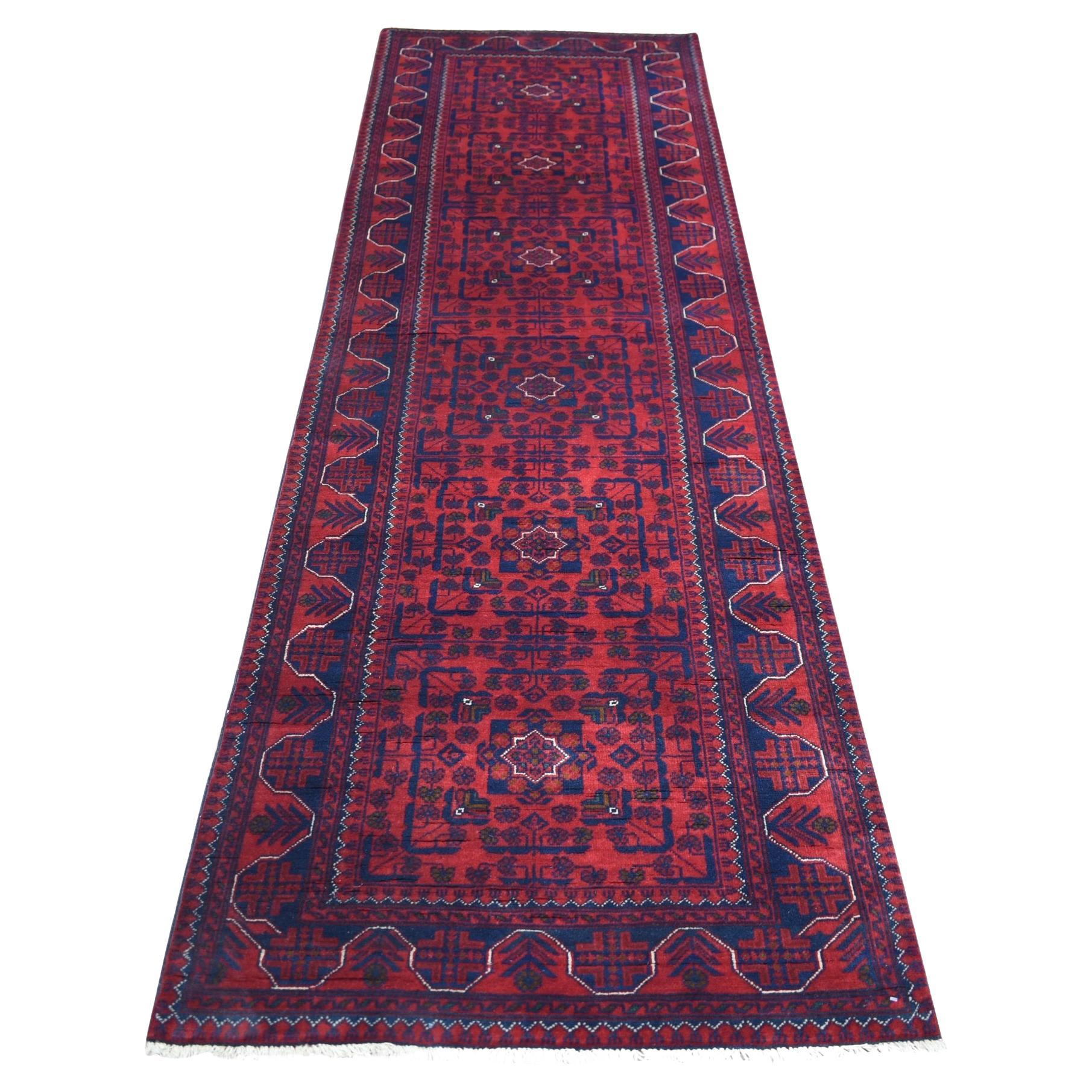 2'10"x9'4"  Red Tribal Design Hand Knotted Afghan Khamyab Soft Wool Runner Rug