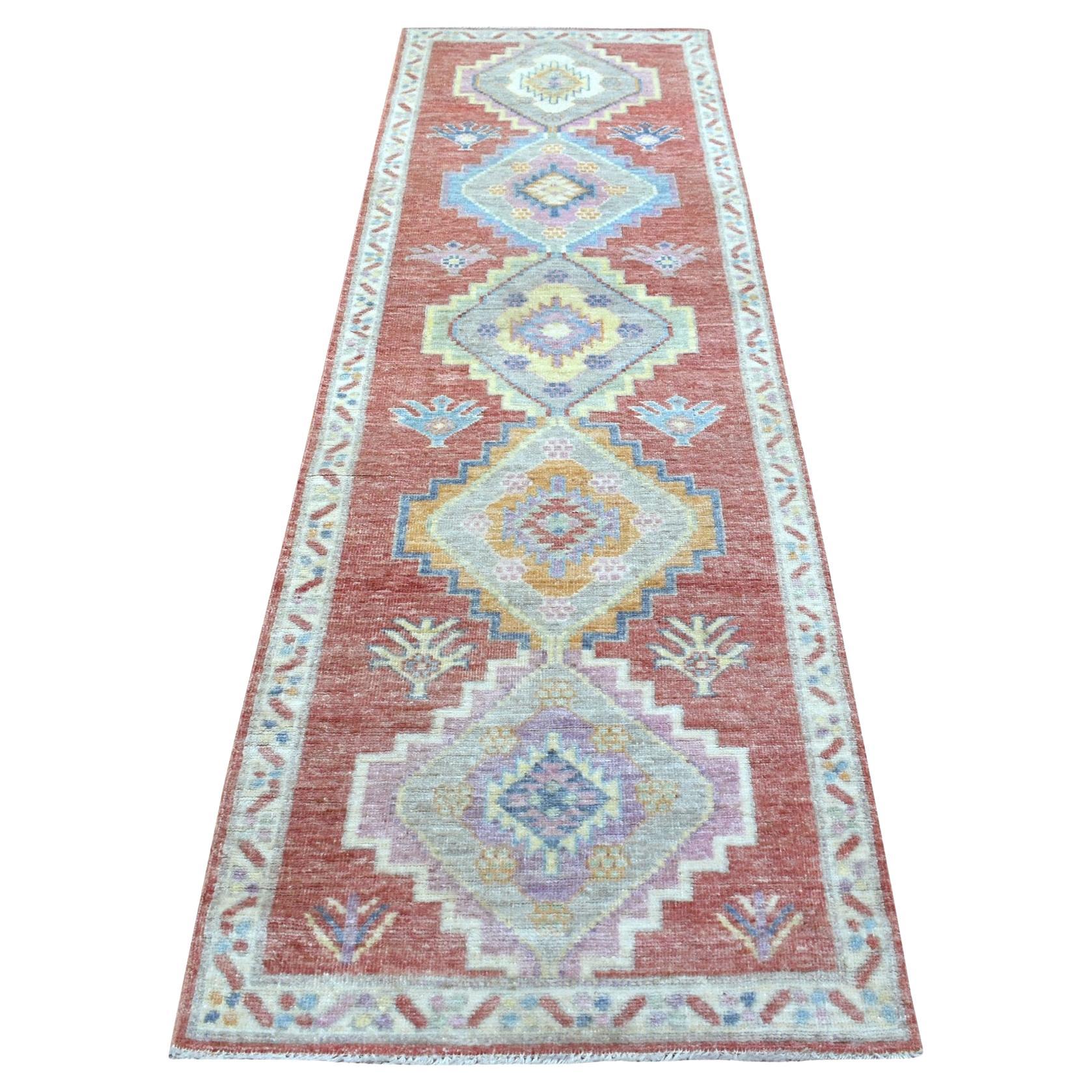 2'10 "x9'6" Coral Red Afghan Angora Oushak Soft Wool Tapis de course noué à la main en vente