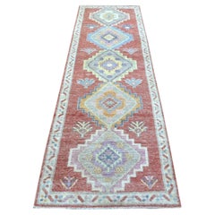 2'10 "x9'6" Coral Red Afghan Angora Oushak Soft Wool Tapis de course noué à la main