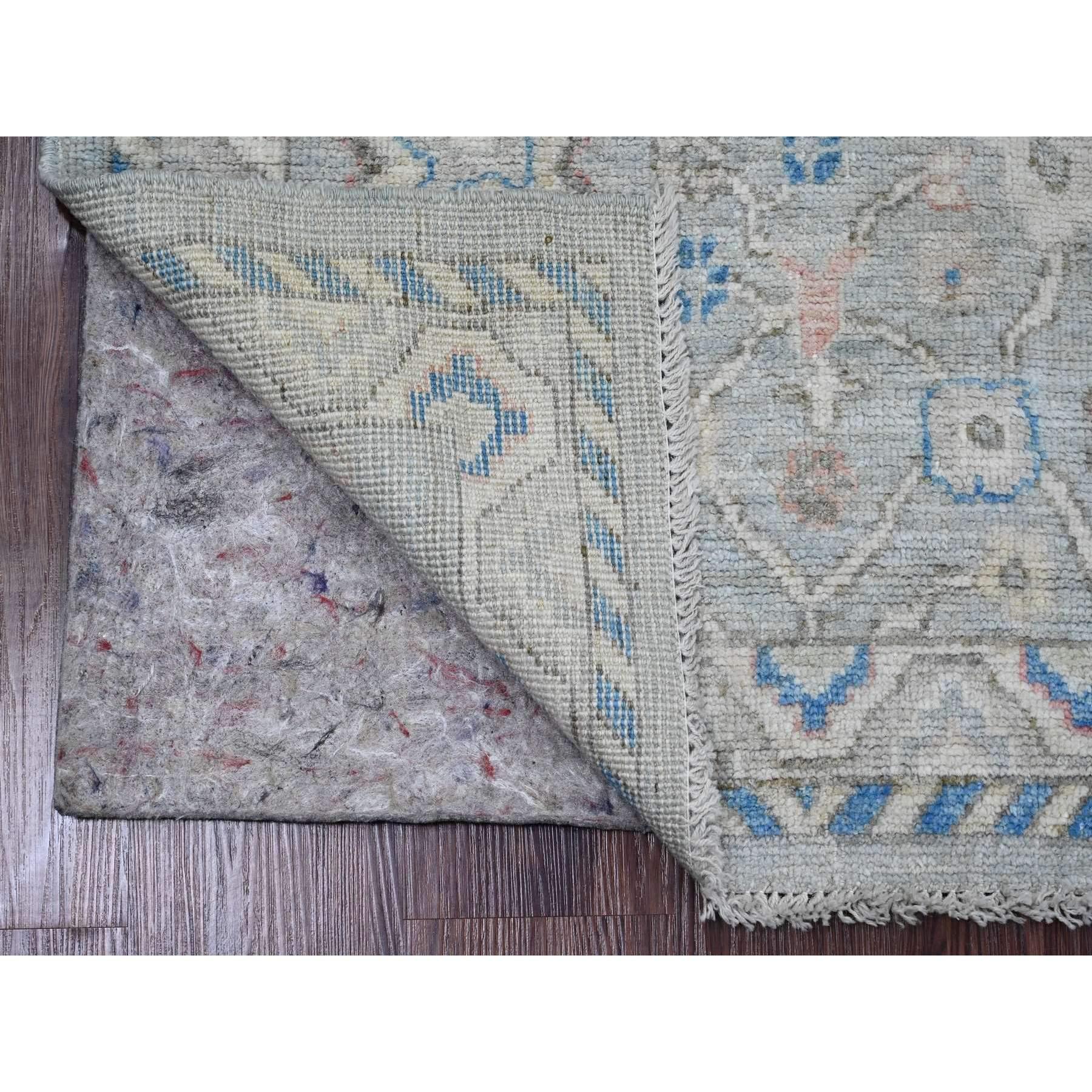 Misty Gray, Afghan Angora Oushak with All Over Leaf Design, Hand Knotted, Natural Dyes, 100% Wool, Runner, Oriental Rug
Primary materials: Wool
Latex: No Pile 
height: 0.25 Inches
Style: Transitional
Primary color: Grey
Secondary colors: Blue, Red,