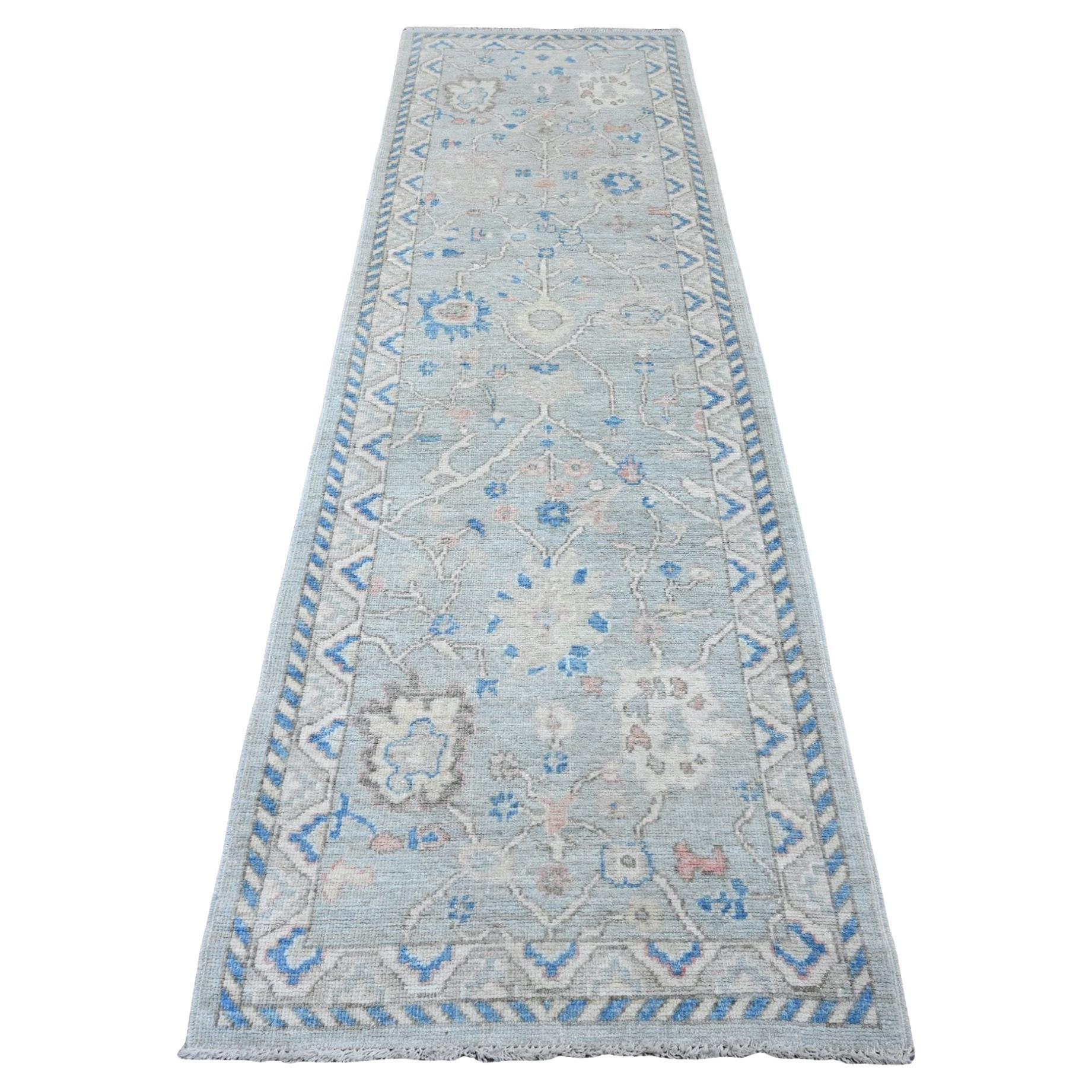 2
10"x9
7" Gray Afghan Angora Oushak Leaf Design Hand Knotted Wool Runner Rug