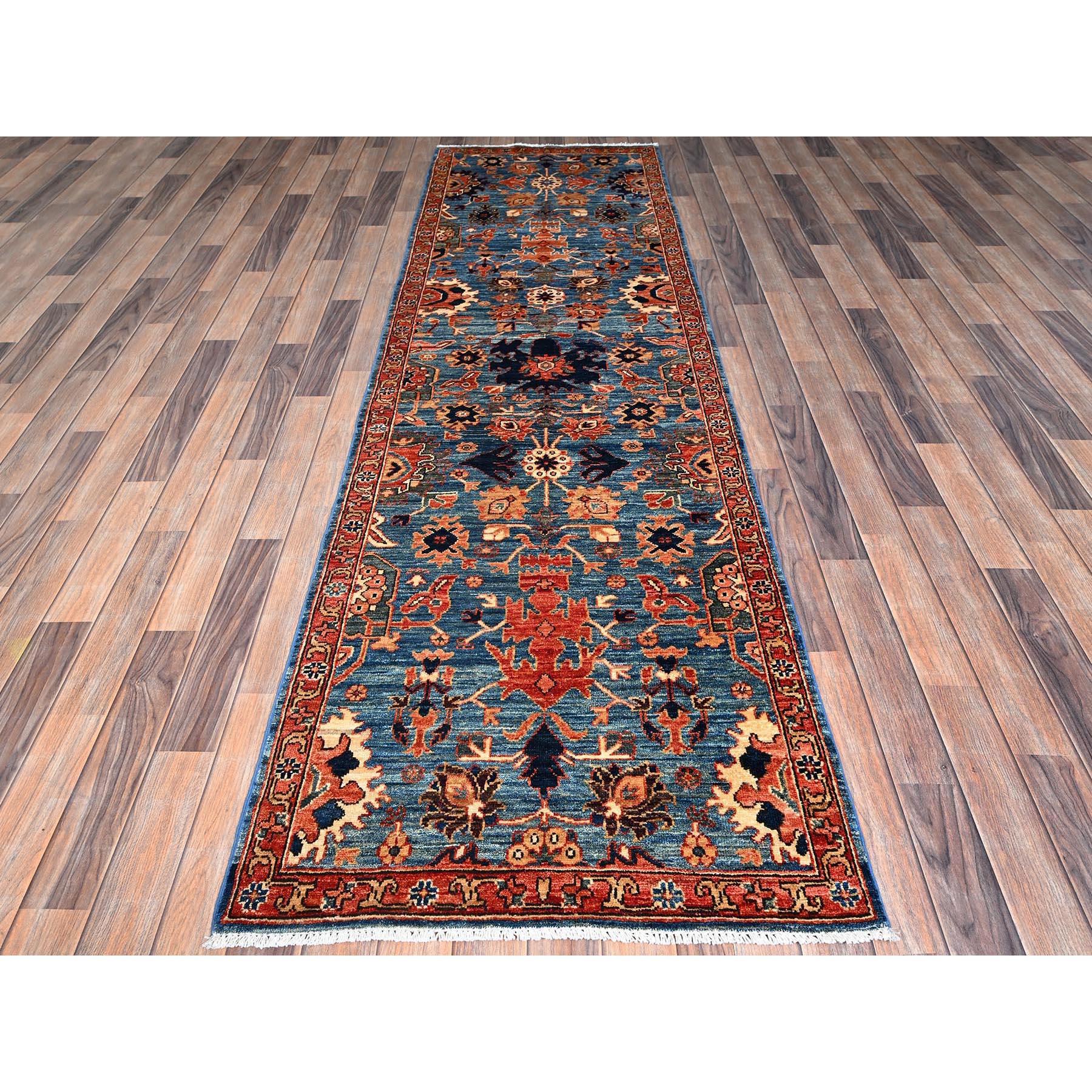 Imperial Blue, Heriz All Over Design, Aryana Collection, Vegetable Dyes, Soft Pile, High Mountain Wool, Hand Knotted, Densely Woven, Runner, Oriental Rug
Primary materials: Wool
Latex: No Pile 
height: 0.25 Inches
Style: Traditional
Primary color: